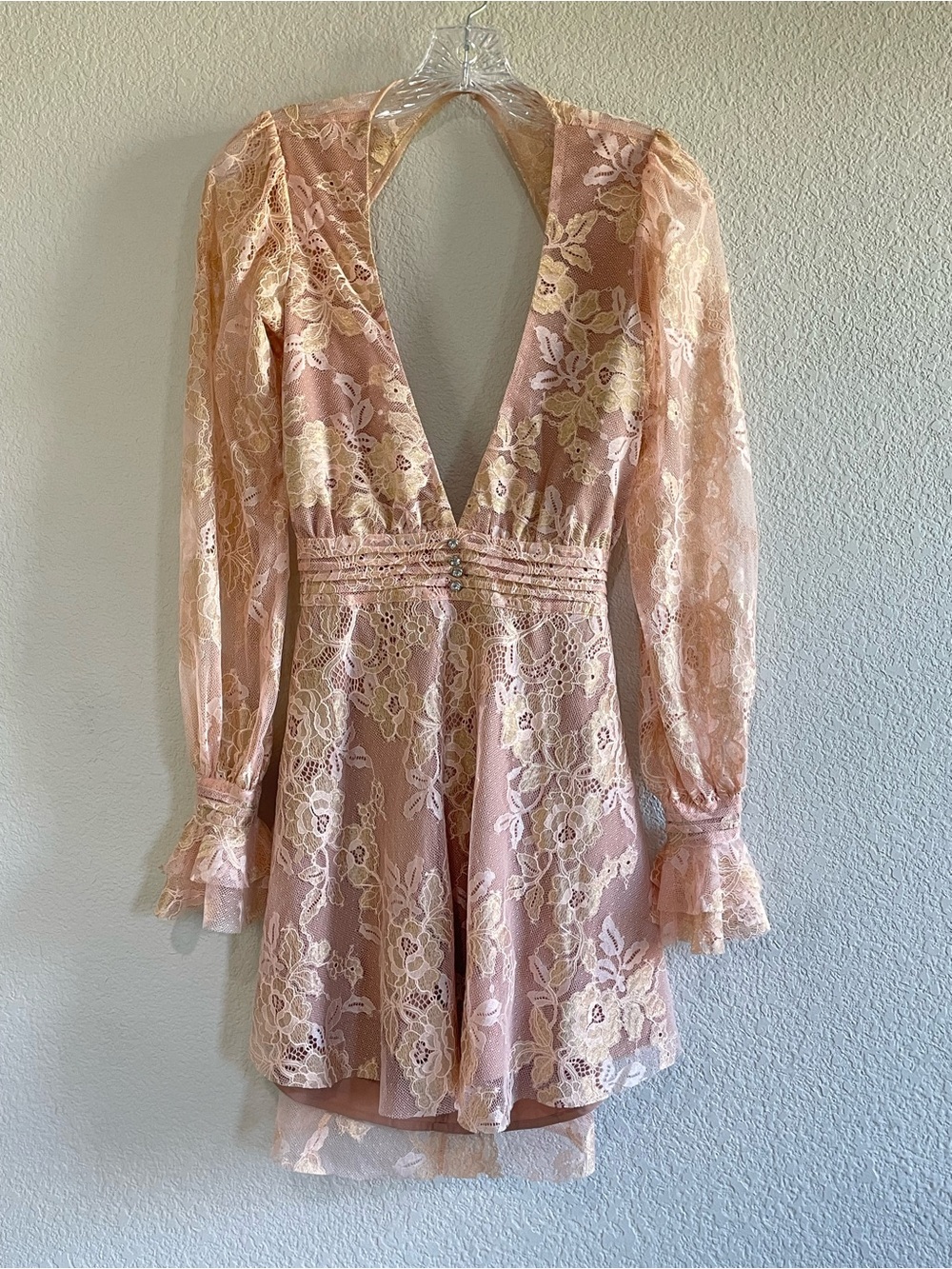 For Love And Lemons Blush Pink Lace Deep V Romper with Rhinestone Waist